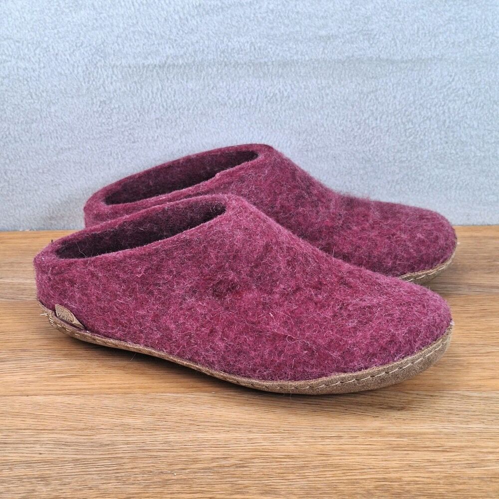 Glerups Women's 8.5 EU 39 Slip-On Wool Slippers Cranberry Pink Leather Sole